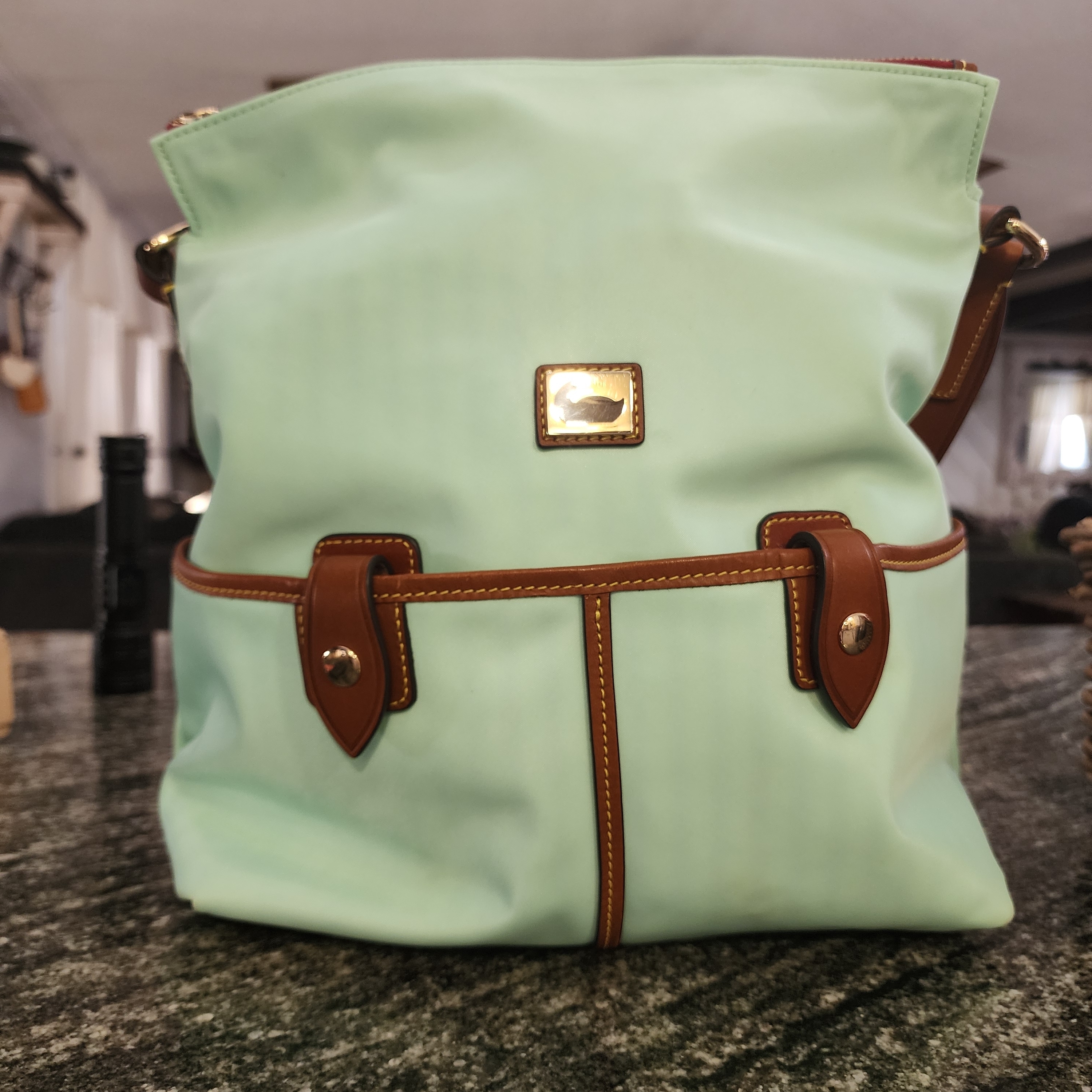 Dooney & Bourke Mint Green Shoulder Bag With Brown Leather Accents
